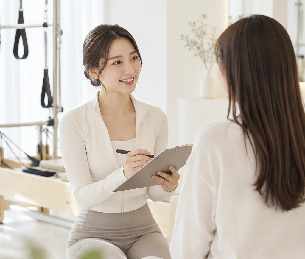 インストラクターがクリップボードを手に、受講者の悩みを聞いている様子